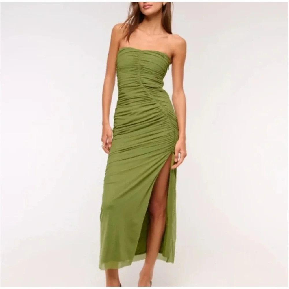 Abercrombie & Fitch Ruched Mesh Maxi Dress Avocado Green Medium Tall